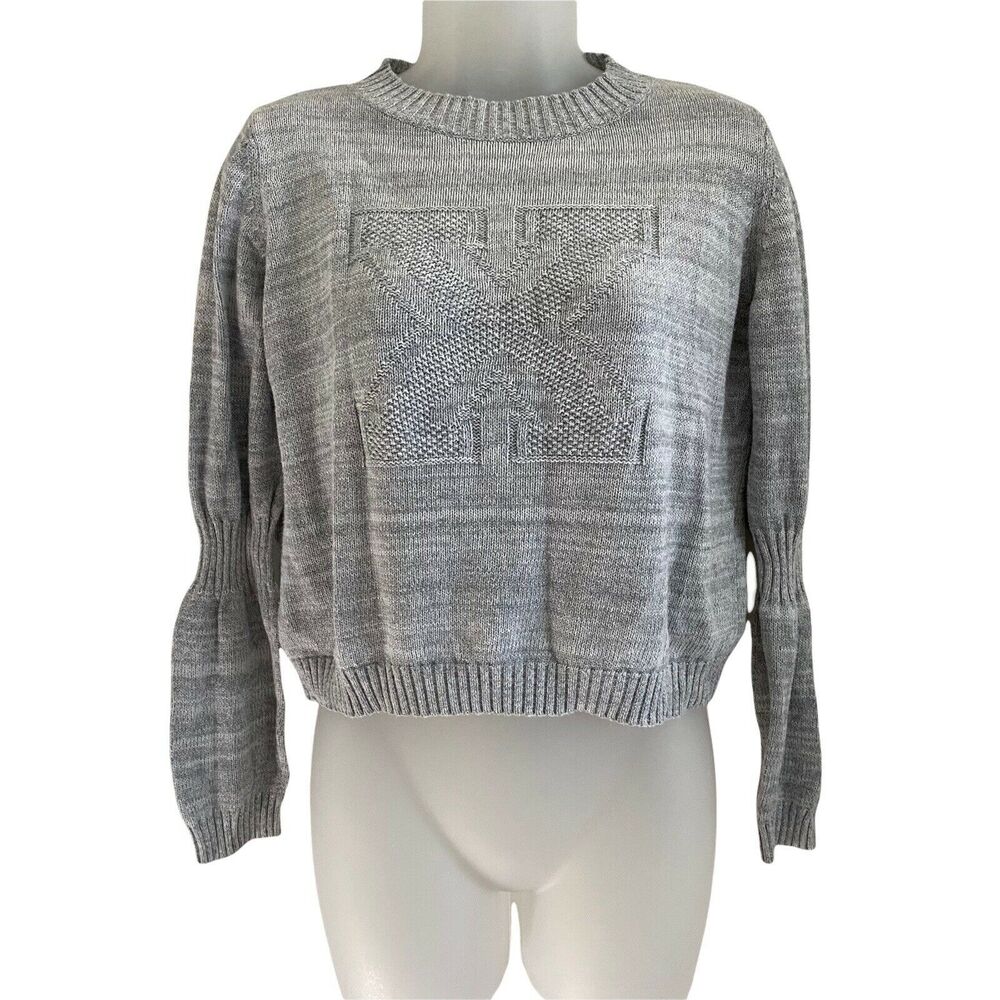First Base Small Sweater Pullover Crewneck Gray Logo Ruched Sleeves